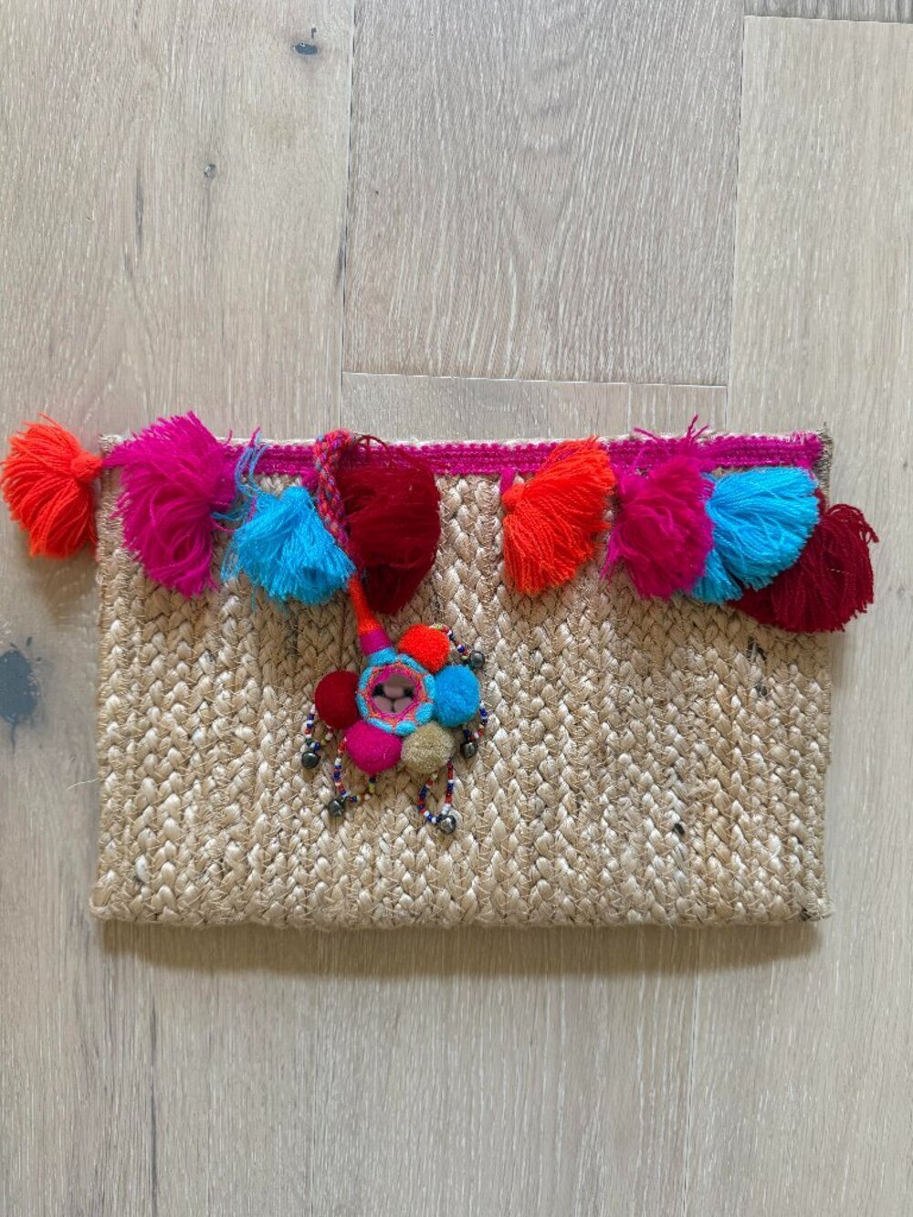 Shiraleah Santana Tassel Woven Jute Clutch Bag Purse Boho Chic Coastal Tan